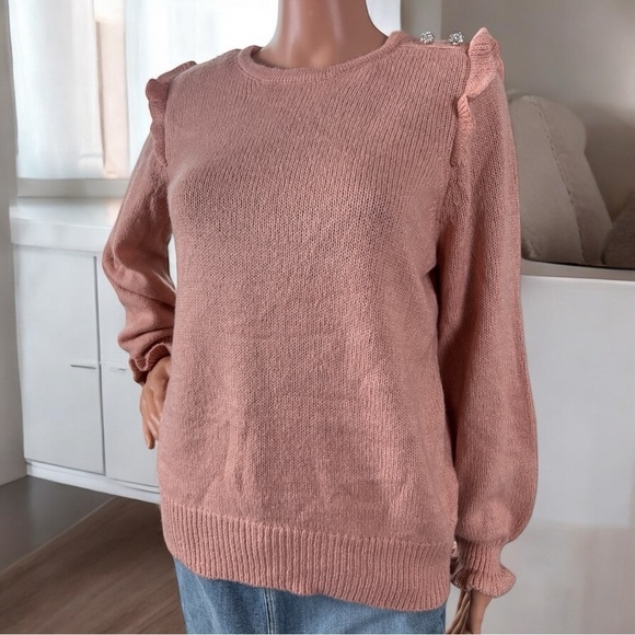 Adrienne Vittadini Pink Ruffle Shoulder Rhinestone Knit Sweater Size Large New - Picture 1 of 17